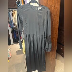 ASOS black midi dress with lace sleeve detail.